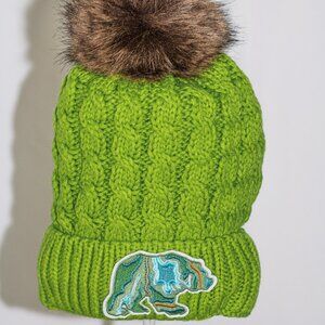 Bright green stocking cap with "Mountain Bear" patch and fuzzy lining